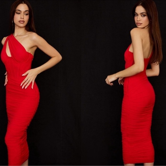 NWOT House of CB Valentina Scarlet Red Cutout Midi Dress sz XS PLUS CUP - Picture 3 of 11